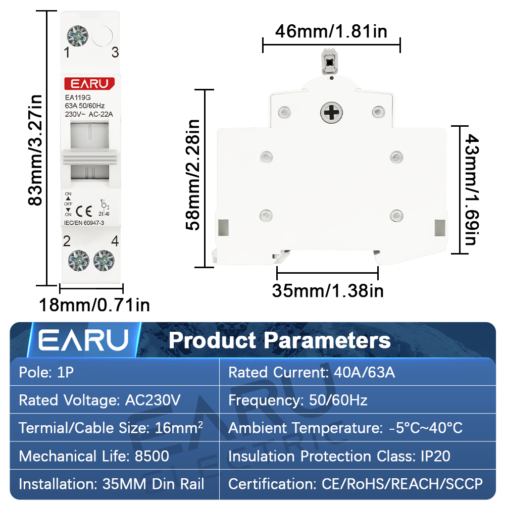 EARU 1P 40A 63A AC 230V Din Ra - Din Rail Circuit Breaker incelemesi ve fiyatı